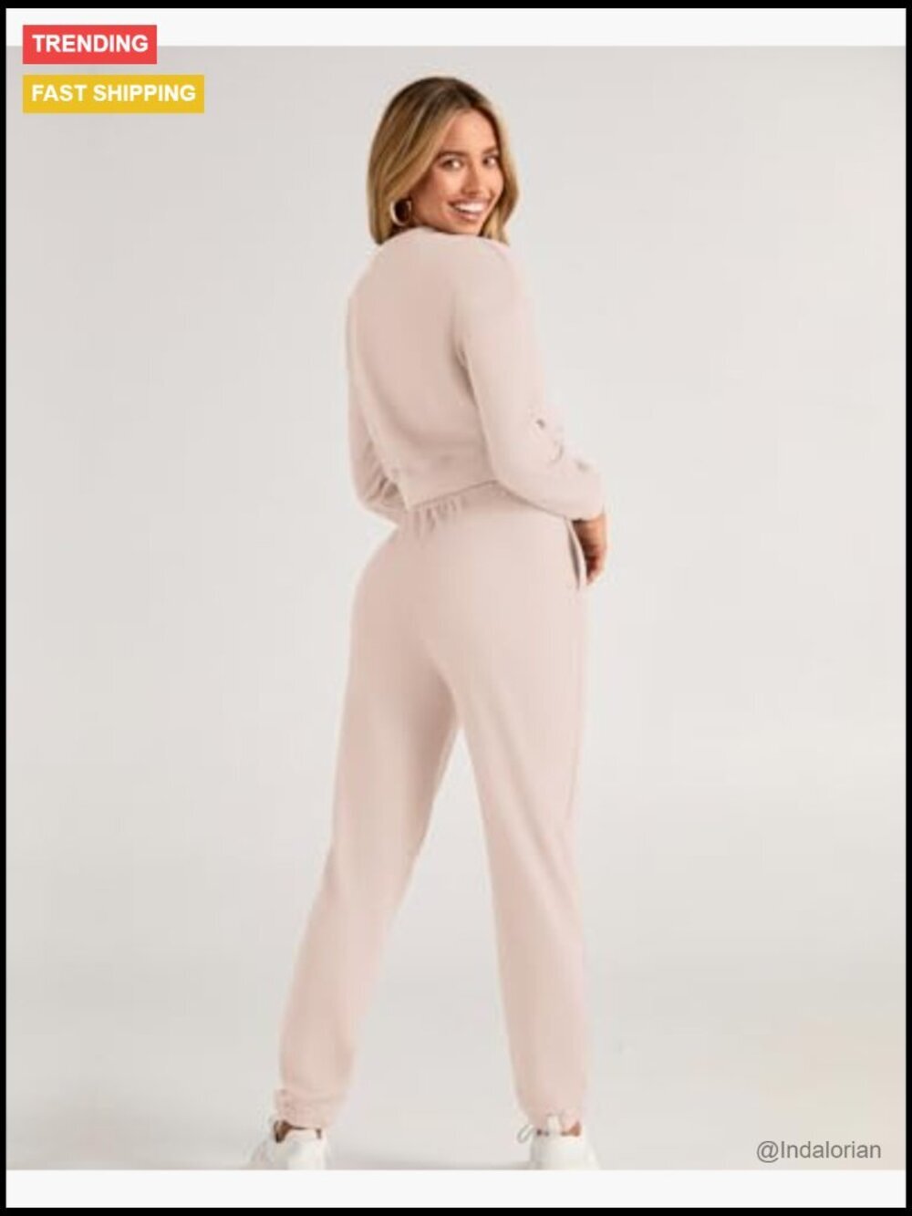 Cotton Polyester Long Sleeve Crop Top Jogger Set with Pockets - Picture 6 of 7